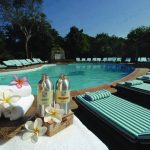 A large outdoor swimming pool with an integrated Jacuzzi