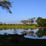 Mount Kilimanjaro from Sante river within the Voyager Ziwani safari camp on the edge of Tsavo west national park near Ziwani Kenya